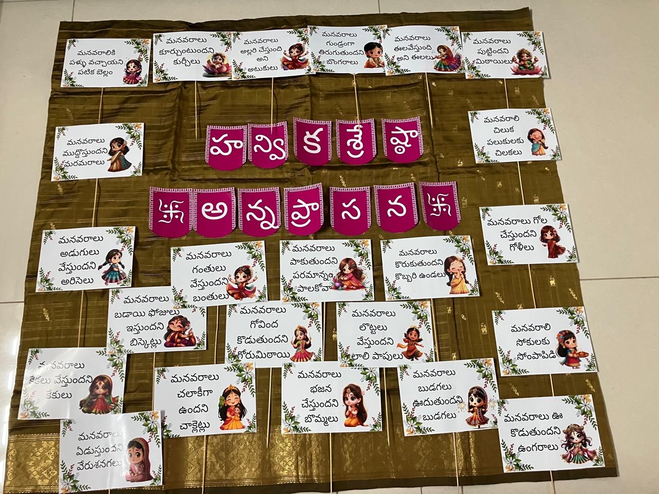 Full Annaprasana decoration set with Telugu name letters and blessing cards