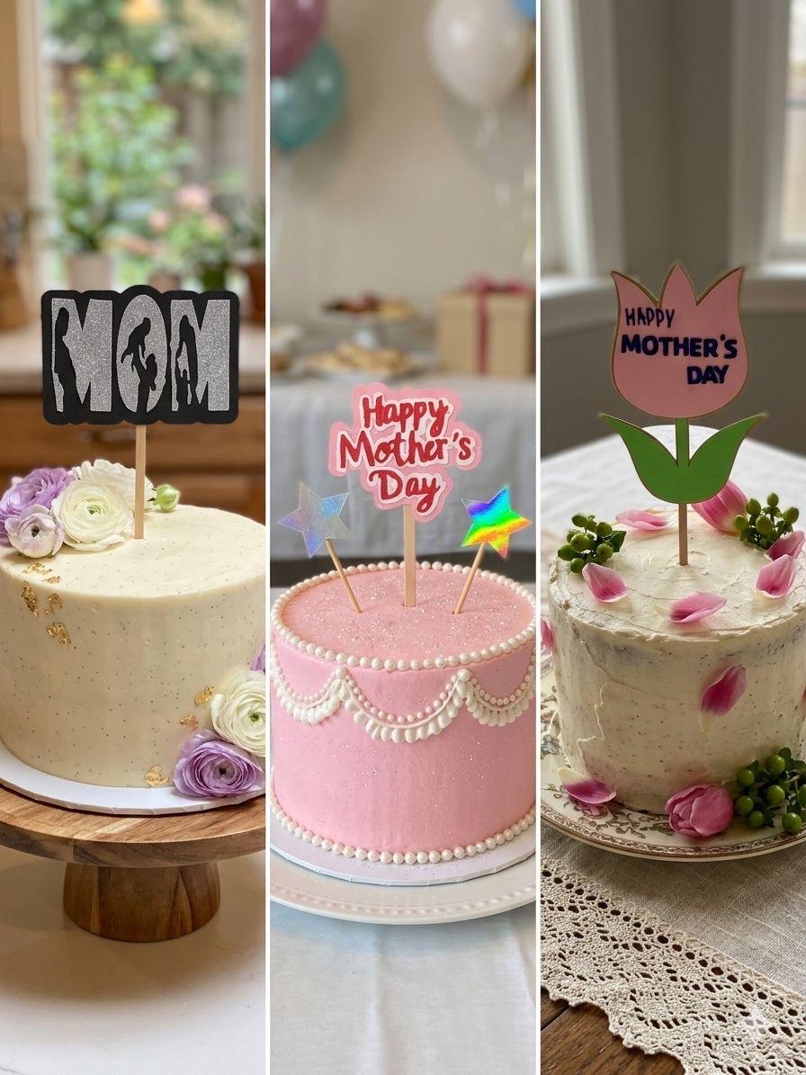 Three Mother's Day cakes with different handmade toppers