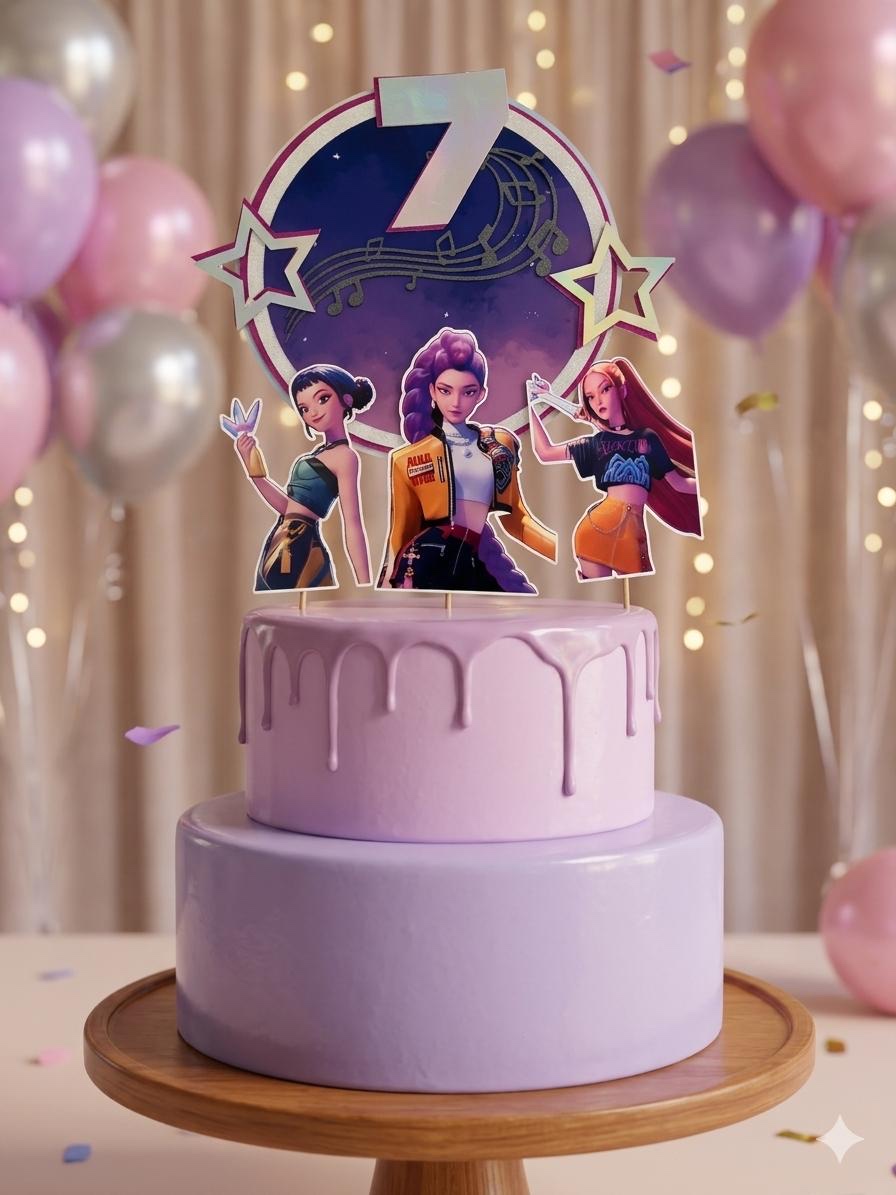 Rockstar themed number seven topper on a two tier purple cake