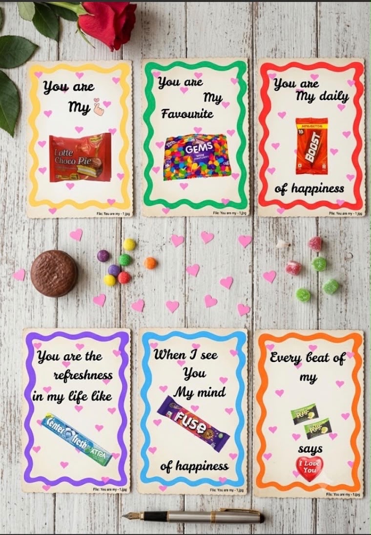 Six handmade chocolate wrapper greeting cards with playful messages
