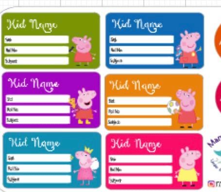 Peppa Pig themed personalised notebook labels with name, class and subject fields