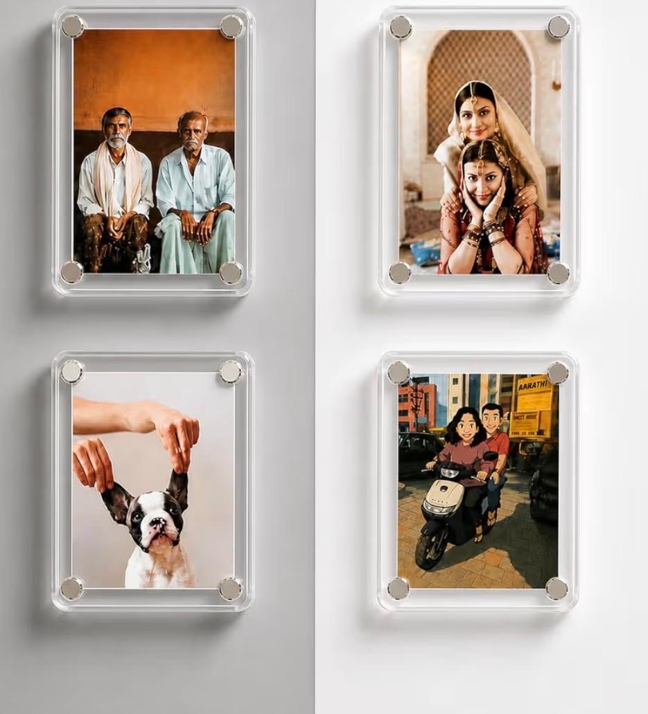Acrylic photo frame fridge magnets displayed on a wall