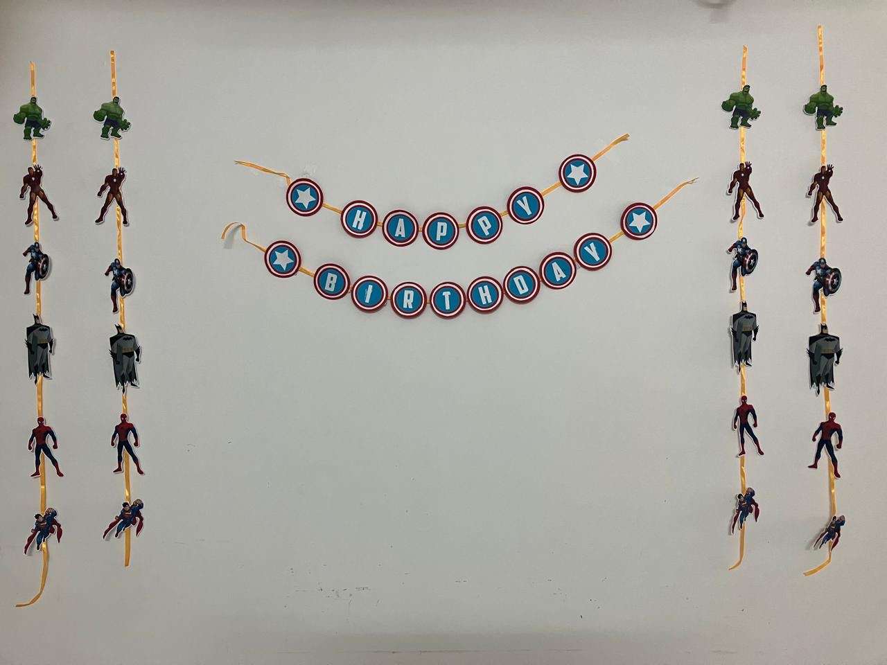 Avengers happy birthday banner with hanging figures