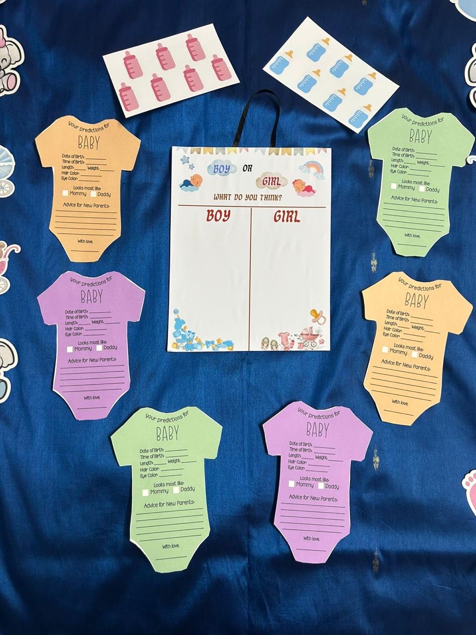 Baby shower prediction game cards and boy or girl board