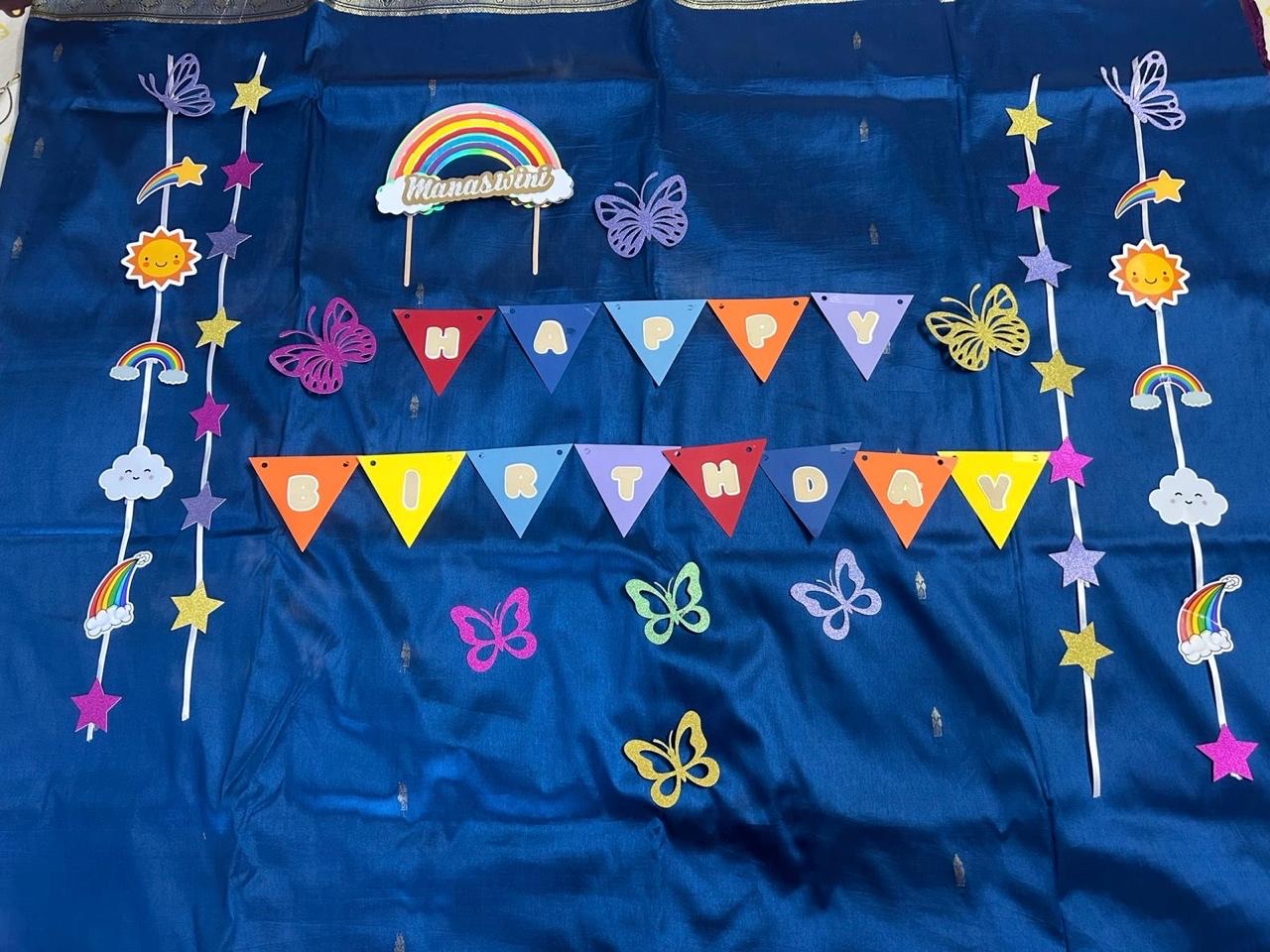 Rainbow and butterfly happy birthday party backdrop set