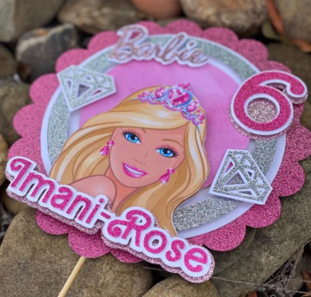 Round Barbie cake topper personalised with the name Imani-Rose and number six