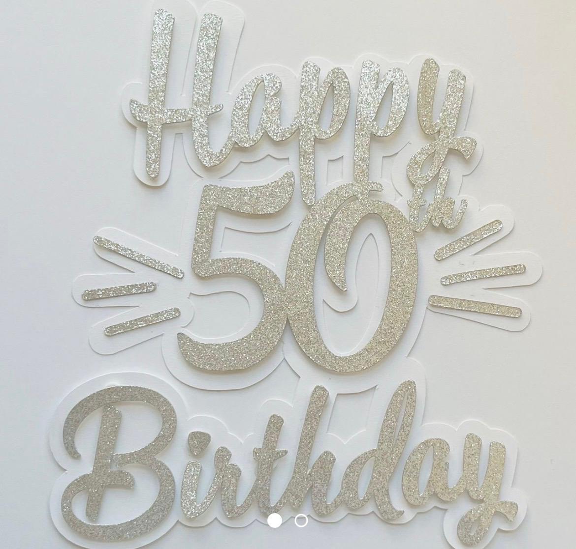 Silver glitter happy 50th birthday cake topper