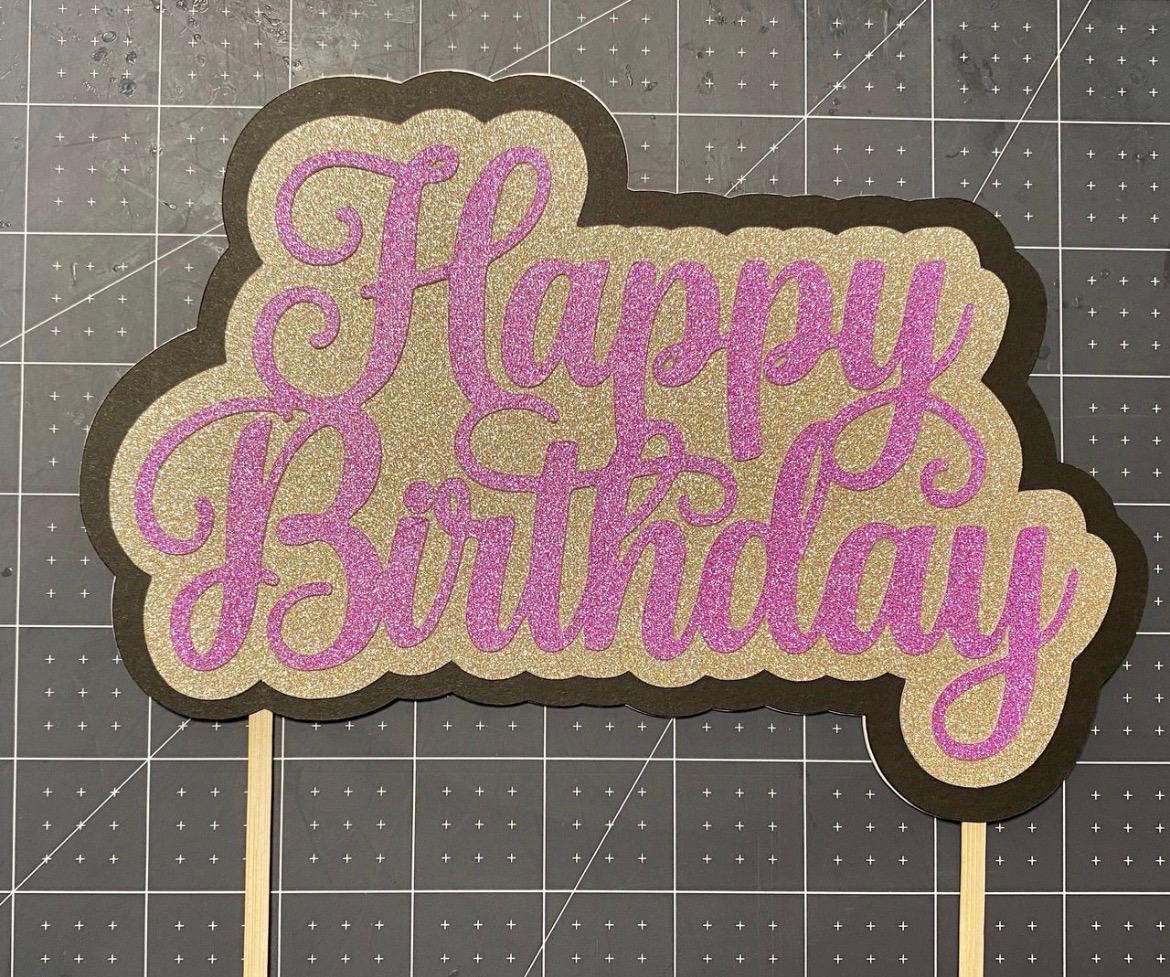 Pink and gold glitter happy birthday cake topper