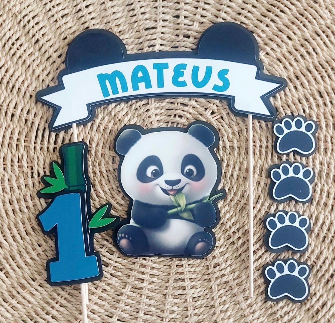 Panda themed first birthday topper set with name banner and paw prints