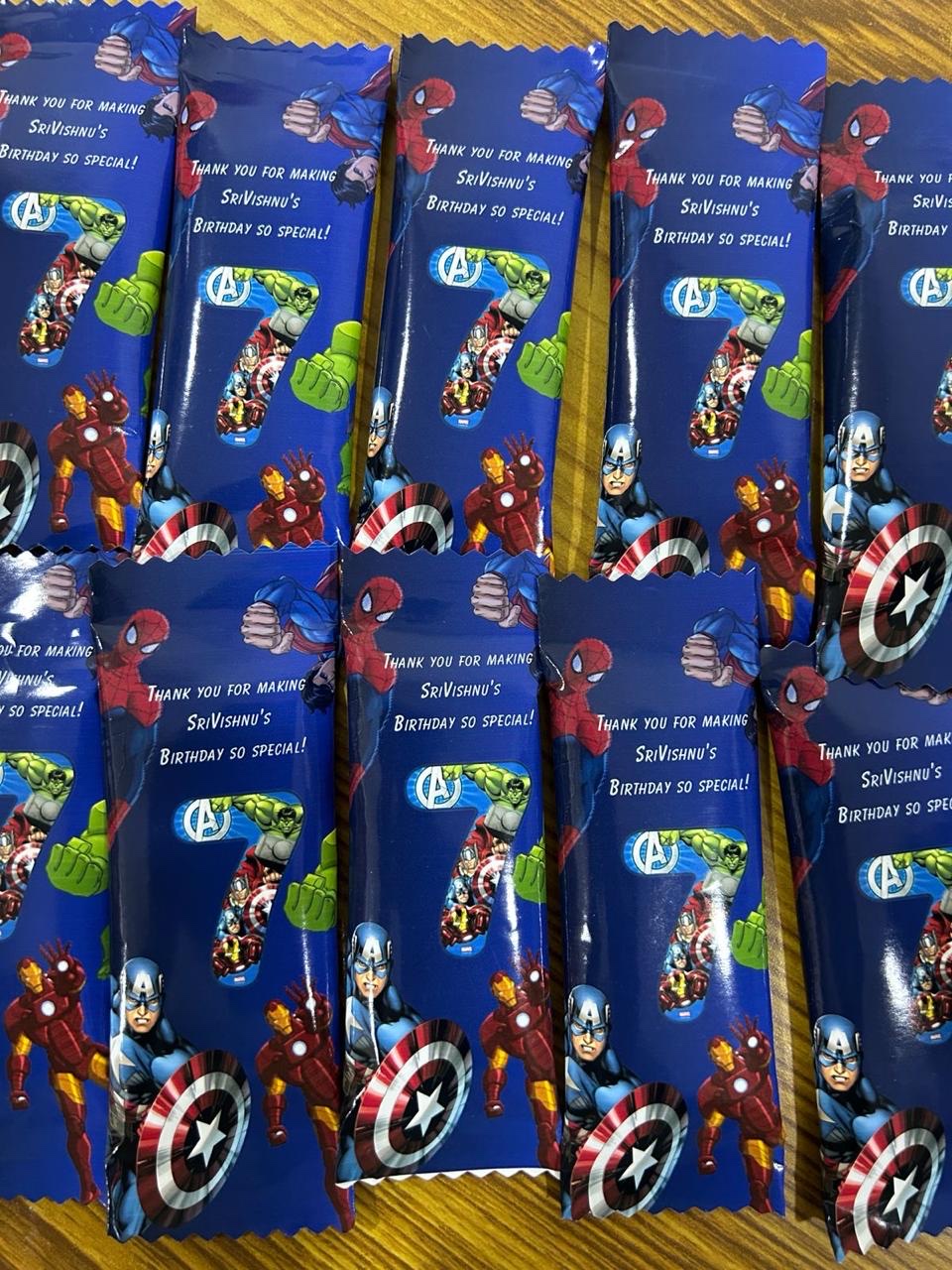 Avengers themed personalised chocolate wraps saying thank you for making the birthday special