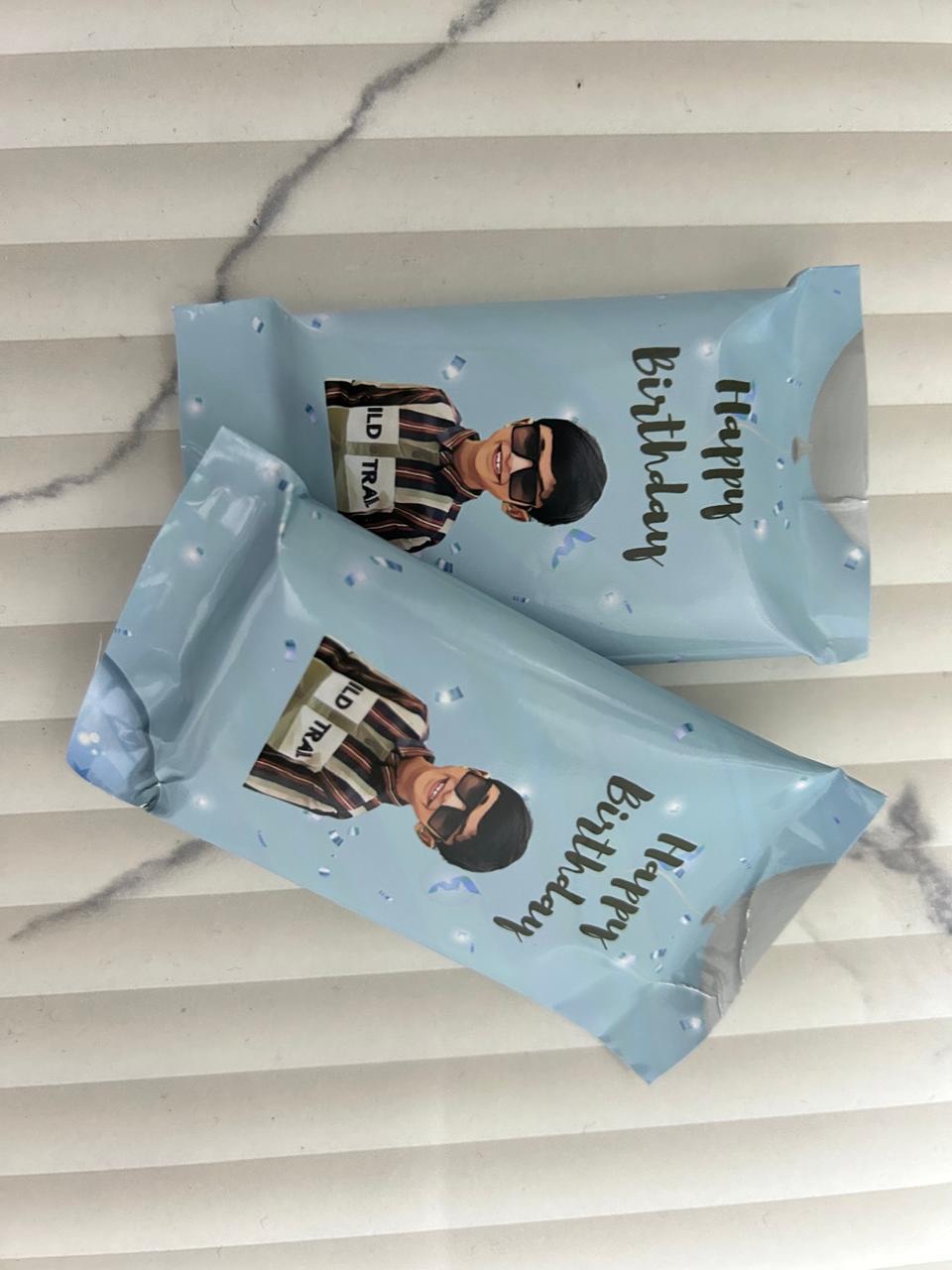 Chocolate wraps printed with a caricature of the birthday person